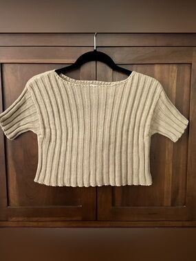 Baserange Ribbed Organic Cotton Bateau Neck Cropped Sweater Top Camel Size XS